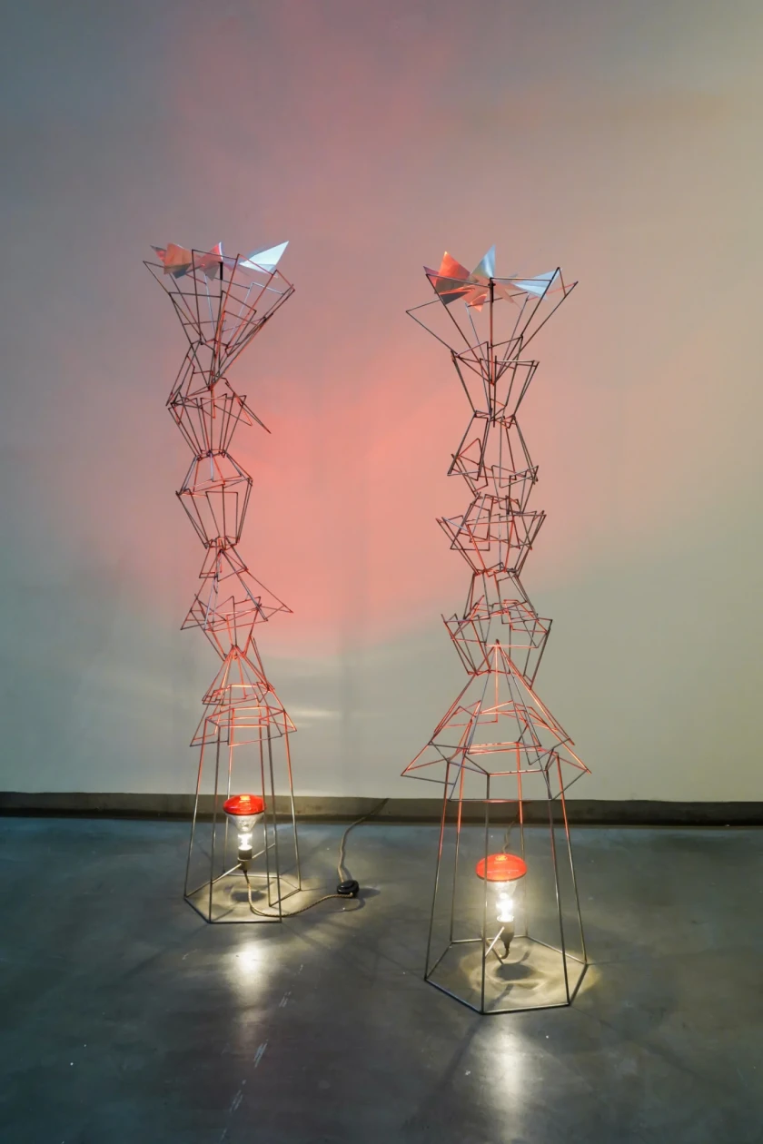 Two Hot Air Columns, 
Olafur Eliasson 2005
Stainless steel, 2 heat lamps, wire, plug
DC1360.1 H174 x W40.5 x D45.5 cm.
DC1360.2 H192 x W40.5 x D44.5 cm.