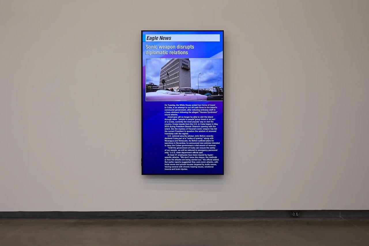 Sung Tieu,, Sonic weapon disrupts diplomatic relations, 2020. 2 image looped digital file, 2 image looped digital file,  01’30” (each). Photo: Thakueng Withusuwan. Courtesy of the Jim Thompson Art Center and the James H.W. Thompson Foundation © Jim Thompson Art Center